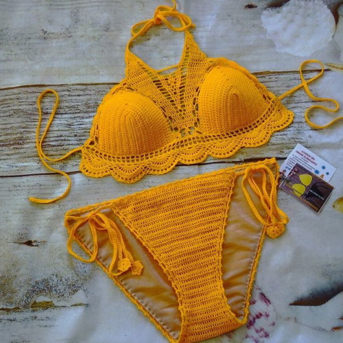 Handmade knitted swimsuit new, size M/L, yellow