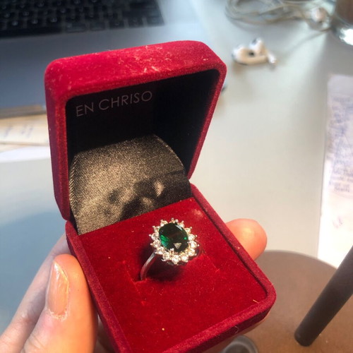 Silver ring with green and white zircon like new