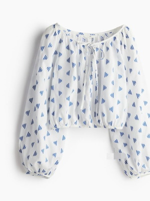 H&M blouse with long sleeves and front tie new, size Large, white and blue