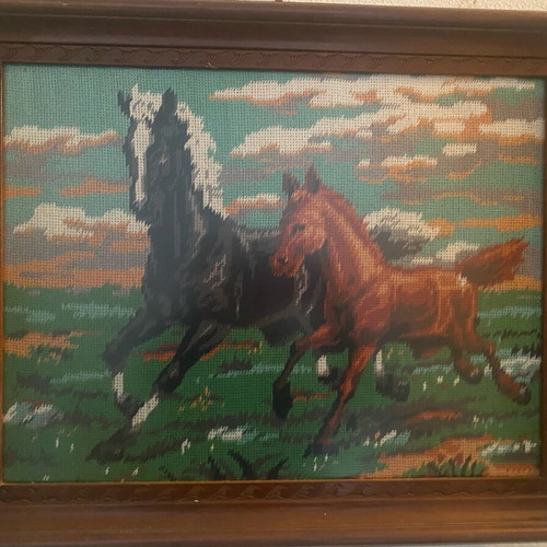 Embroidered painting like new with brown wooden frame and horses