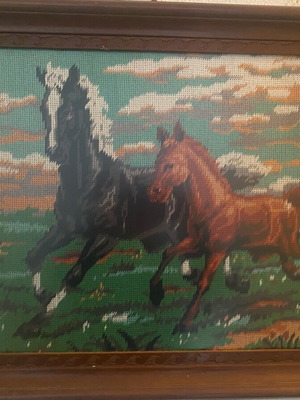 Embroidered painting like new with brown wooden frame and horses