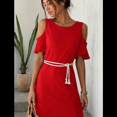 Red summer dress with rope belt, size M