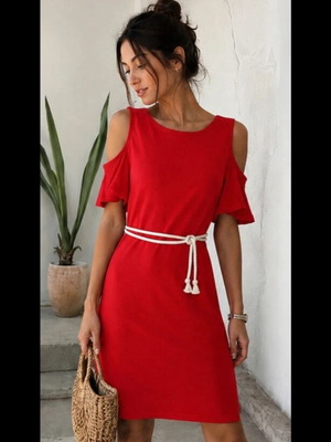 Red summer dress with rope belt, size M