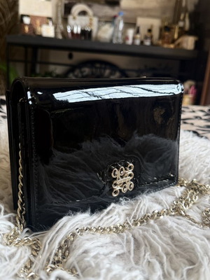 Black Patent Leather Handheld Bag New With Gold Chain