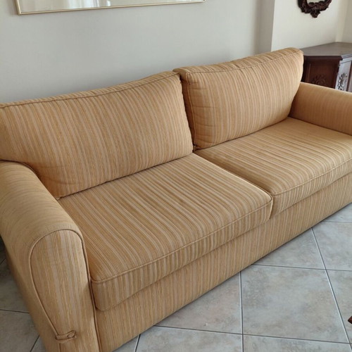 Three-seater sofa with mechanism for double bed, like new, beige fabric
