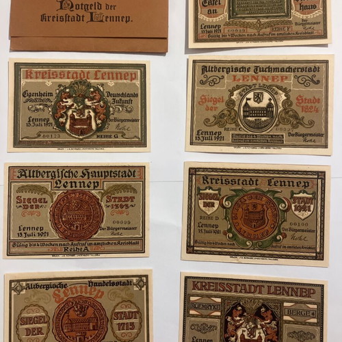 Collectible folder with 7 Notgeld banknotes Lennep 1921 new