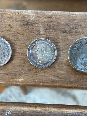 Set of 3 coins used, 20 cent 1919 Italy, 1/2 Fr. 1952 & 1965 Switzerland