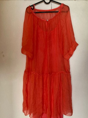 Coral silk dress with viscose lining, size M