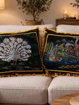 Set of 2 new vintage velvet pillowcases with figures