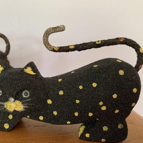 Set of two handmade wooden and sand cat figurines