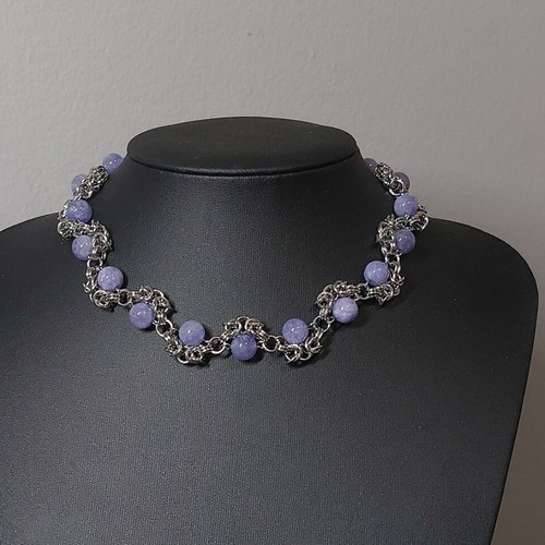 Chainmail necklace with amethyst beads new, stainless steel