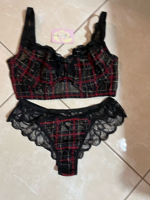 Miss Rosy lingerie set new, black with plaid pattern, bra 75D, lace panties M