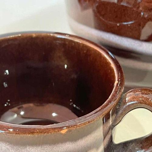 Vintage clay tea set with teapot and 2 cups used, brown