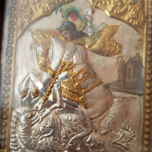 Old Saint George icon used, silver and gold 18x15 cm