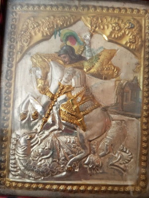 Old Saint George icon used, silver and gold 18x15 cm
