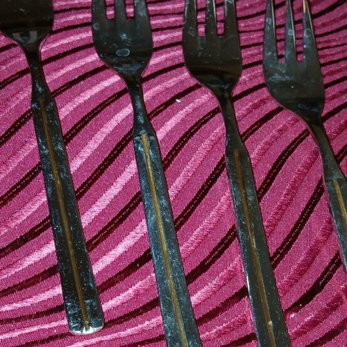 Zoulovits forks set of 6 used 18/10 silver with gold line