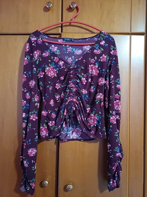 Bershka floral long-sleeve blouse used, fuchsia purple, size L