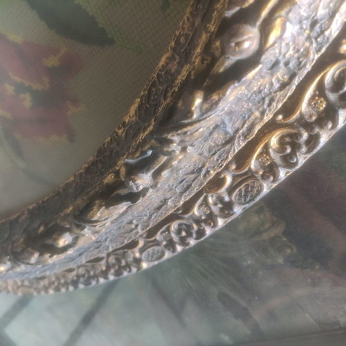 Oval embroidered painting used with rare heavy carved frame