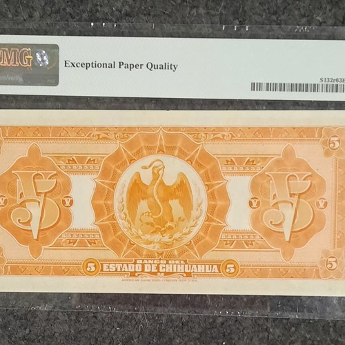 5 Pesos Mexico 1913 Banco del Estado de Chihuahua PMG 63