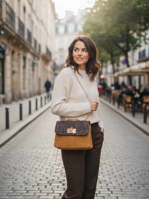 Knitted handmade crossbody bag with adjustable chain, new, beige and brown