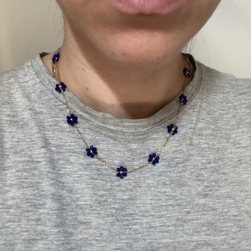Necklace stainless steel with blue flowers 50cm new