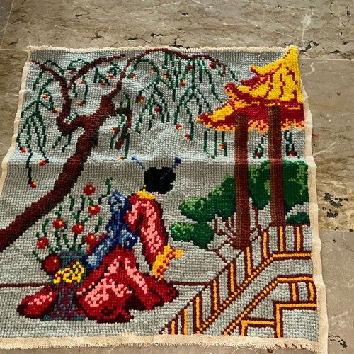 Vintage Handmade Gobelin Embroidery (50x55 cm) – Geisha & Pagoda