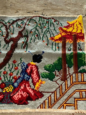 Vintage Handmade Gobelin Embroidery (50x55 cm) – Geisha & Pagoda