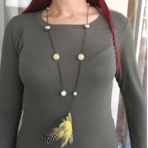 Long necklace new with feathers and yellow beads