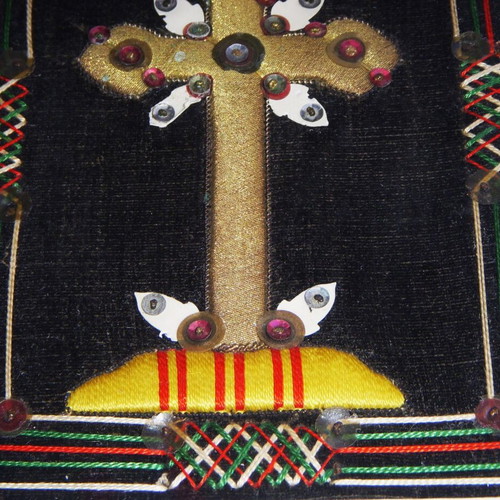Vintage handmade embroidery Cross with gold thread and sequins in white frame