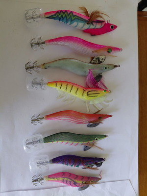 Squid jigs used, set of 8, sizes 2.5 to 3.5