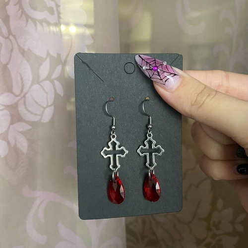 Gothic vampire cross earrings new with red crystals and steel hooks