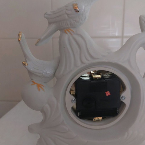 Porcelain table clock with birds and gold leaf new