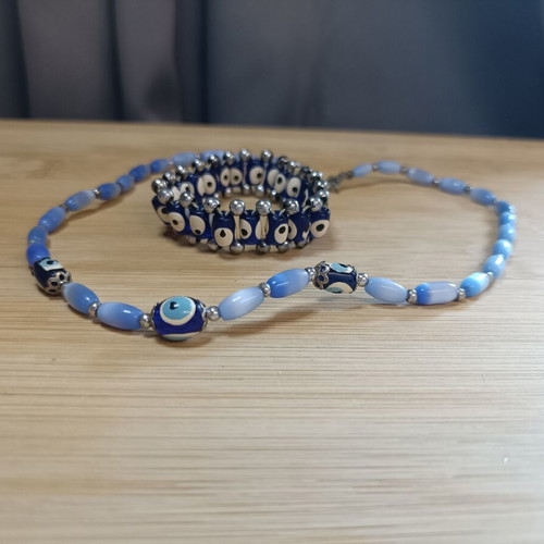 Necklace and bracelet set with evil eye beads