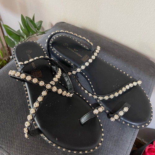 Flat sandals like new, black with studs, synthetic leather, size 38