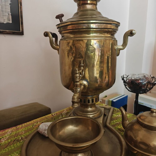 Samovar used traditional brass with tray, basin and teapot