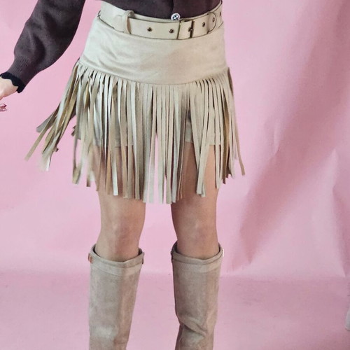 Skirt with fringes and built-in shorts, new, beige brown