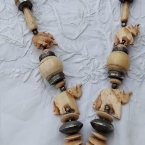Vintage Ethnic Boho Necklace carved from bovine bone, used