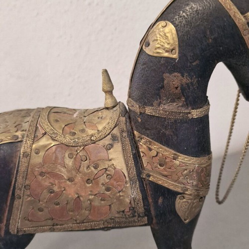 Traditional Indian wooden horse like new with embossed brass overlays