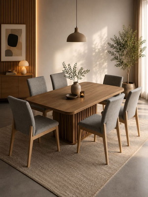 4 Luxury Dining Chairs grey solid wood & Alcantara, design Eleni Natsi
