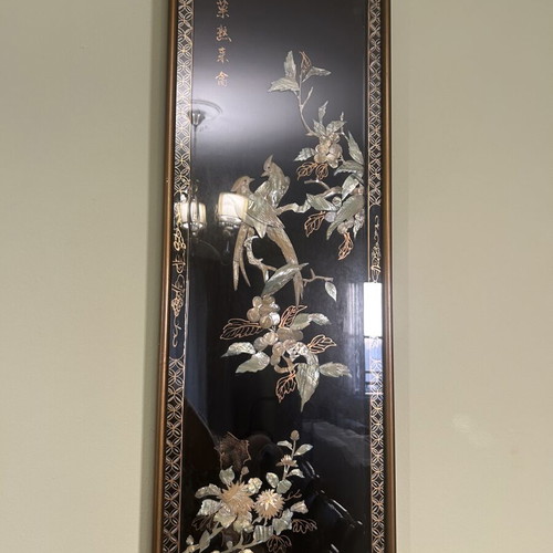 Vintage Chinese lacquer panel Birds & Flowers used decorative art