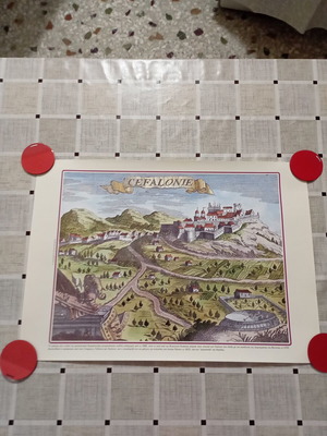 Decorative engraving of medieval Kefalonia castle and town, new, 50x35 cm