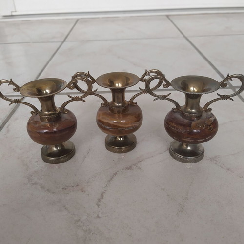 Decorative amphorae set of 3 from brass and onyx, like new