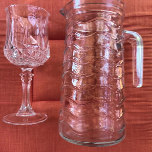 Water jug and crystal stemmed glass like new, height 20 cm