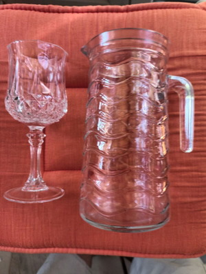 Water jug and crystal stemmed glass like new, height 20 cm