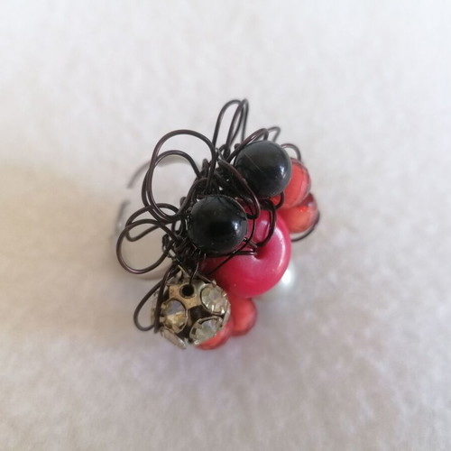 Handmade ring new with black, red and silver beads