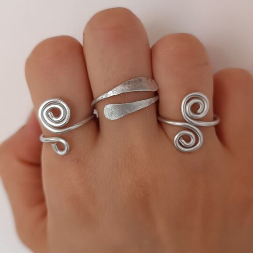 Set of 3 handmade adjustable rings, silver color