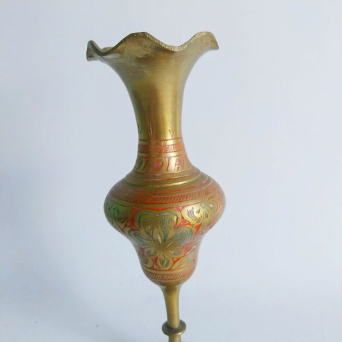 Vintage Indian brass vase used, hand engraved and painted