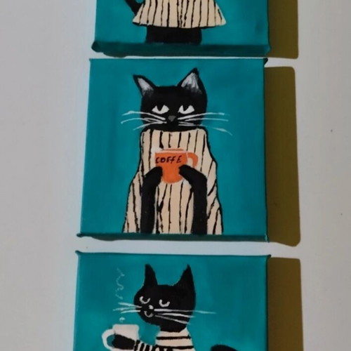 Set of 3 cat motif paintings on canvas new