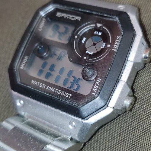 SANDA men's LED digital watch used, stainless steel, black and silver