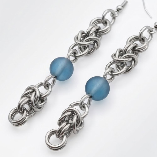 Chainmail earrings Byzantine weave with blue beads, new steel